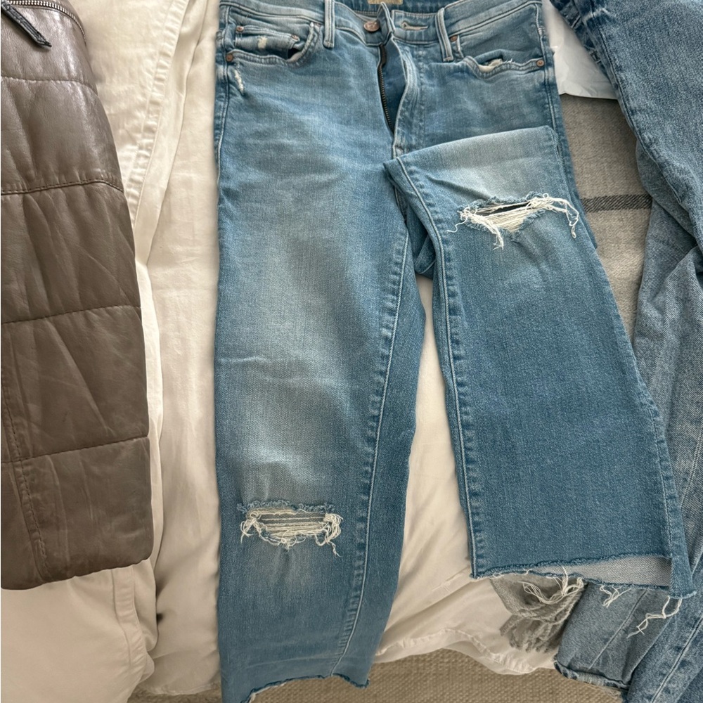 MOTHER Blue Straight Leg Jeans with Distressed Details
